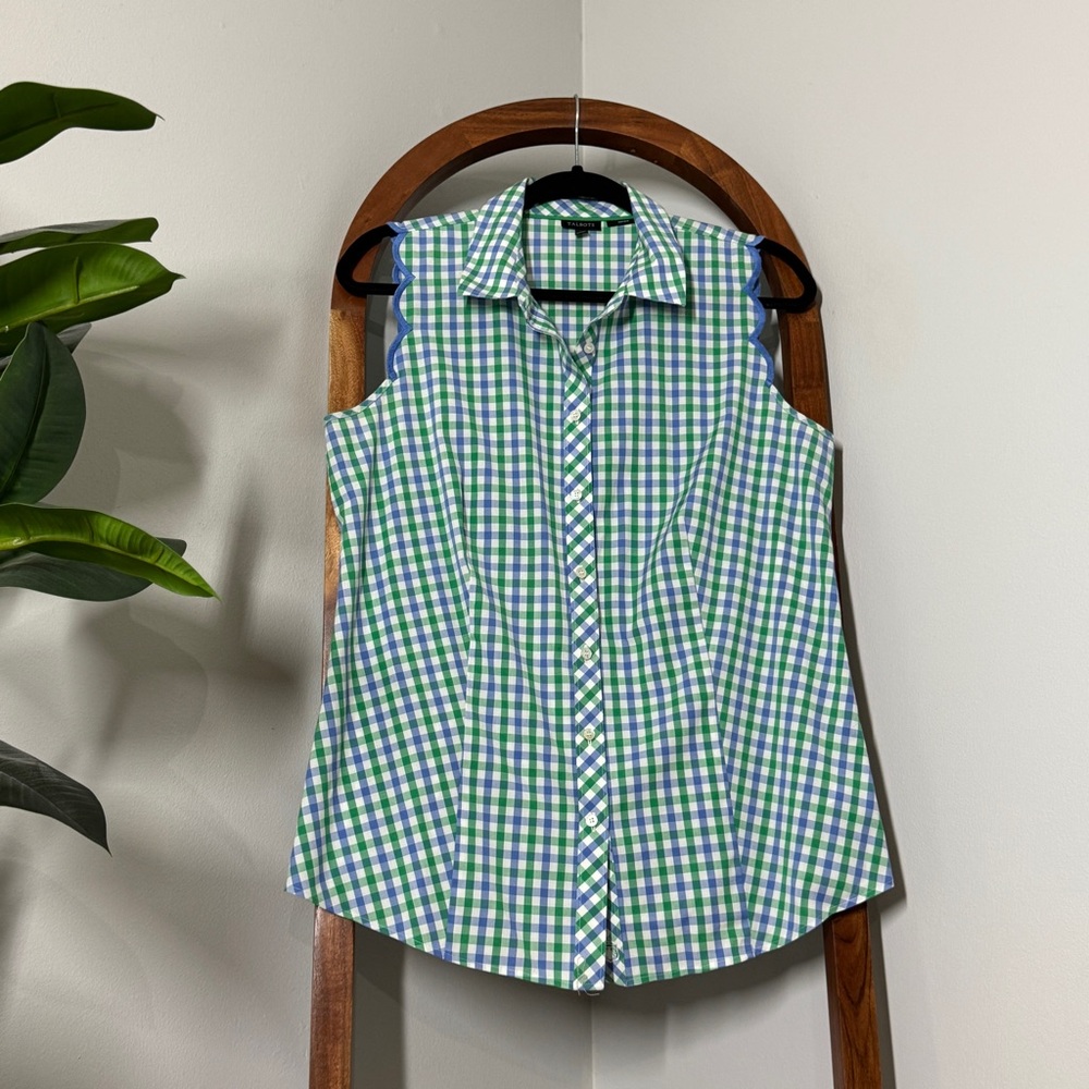 Talbots 10 Green Blue Gingham Plaid Sleeveless Scallop Shoulder Non Iron Blouse